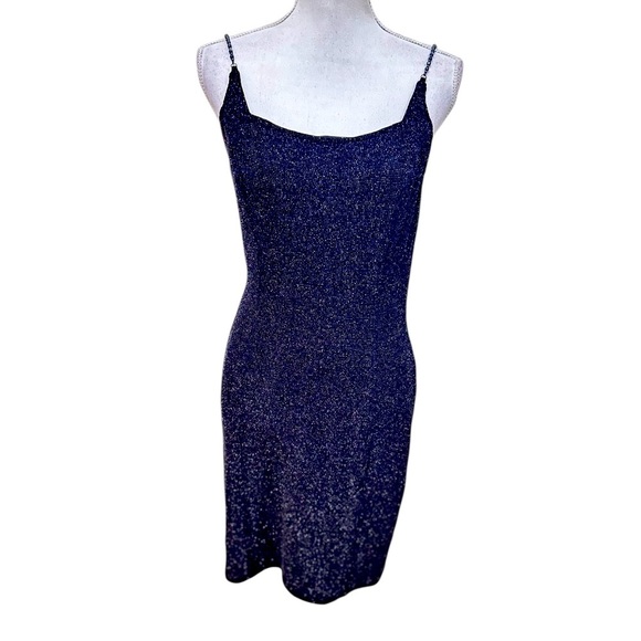 Vintage 90’s Jessica McClintock Navy metallic bodycon Mini Dress bead straps 10 - Picture 1 of 12